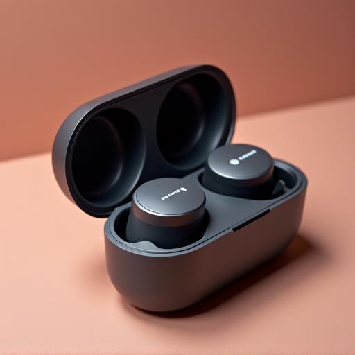 Auriculares inalámbricos modernos en su estuche de carga