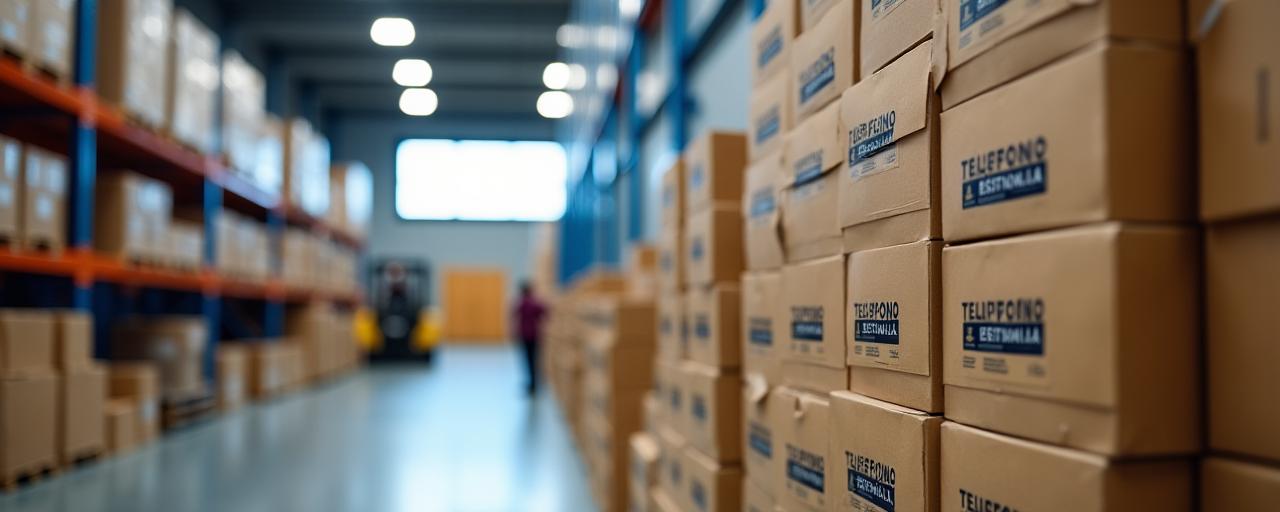 Cajas de productos de Teléfono Esencial apiladas en un almacén, listas para su distribución