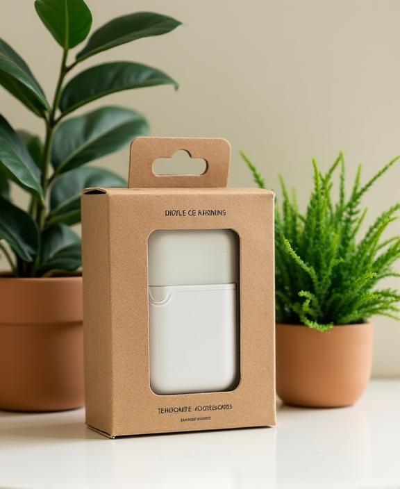 Embalaje de cartón reciclado para accesorios de móvil junto a una planta verde