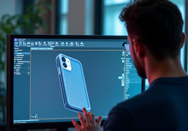 Ingeniero trabajando en un diseño 3D de una funda de móvil en un ordenador